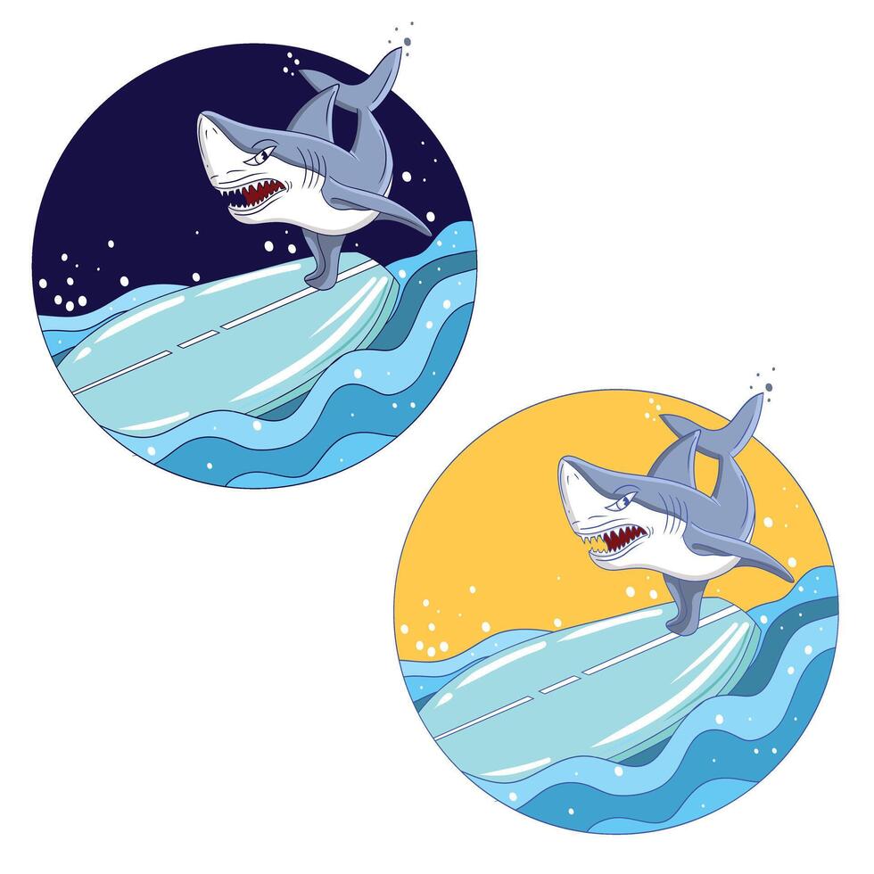 färgrik haj surfing, dag och natt vektor logotyp