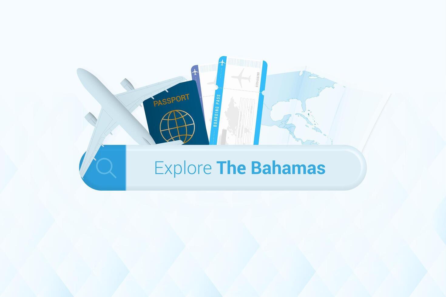sökande biljetter till de Bahamas eller resa destination i de Bahamas. sökande bar med flygplan, pass, ombordstigning passera, biljetter och Karta. vektor