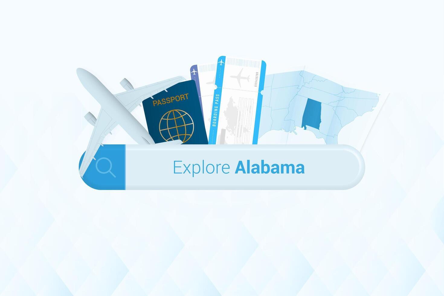 sökande biljetter till alabama eller resa destination i alabama. sökande bar med flygplan, pass, ombordstigning passera, biljetter och Karta. vektor