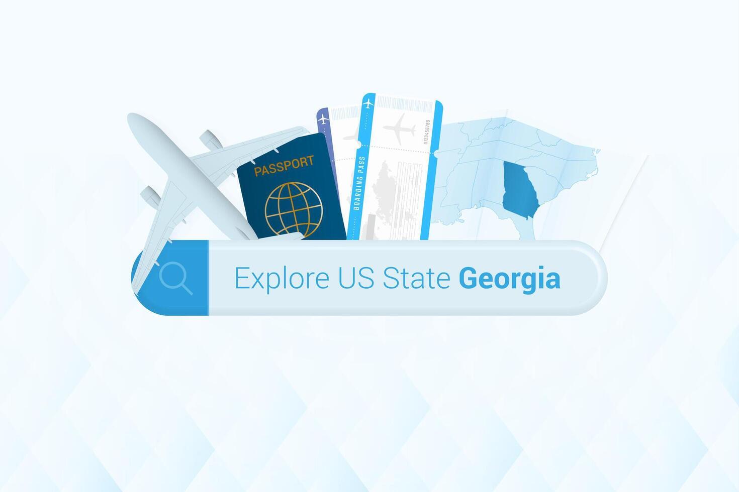 sökande biljetter till georgien eller resa destination i georgien. sökande bar med flygplan, pass, ombordstigning passera, biljetter och Karta. vektor