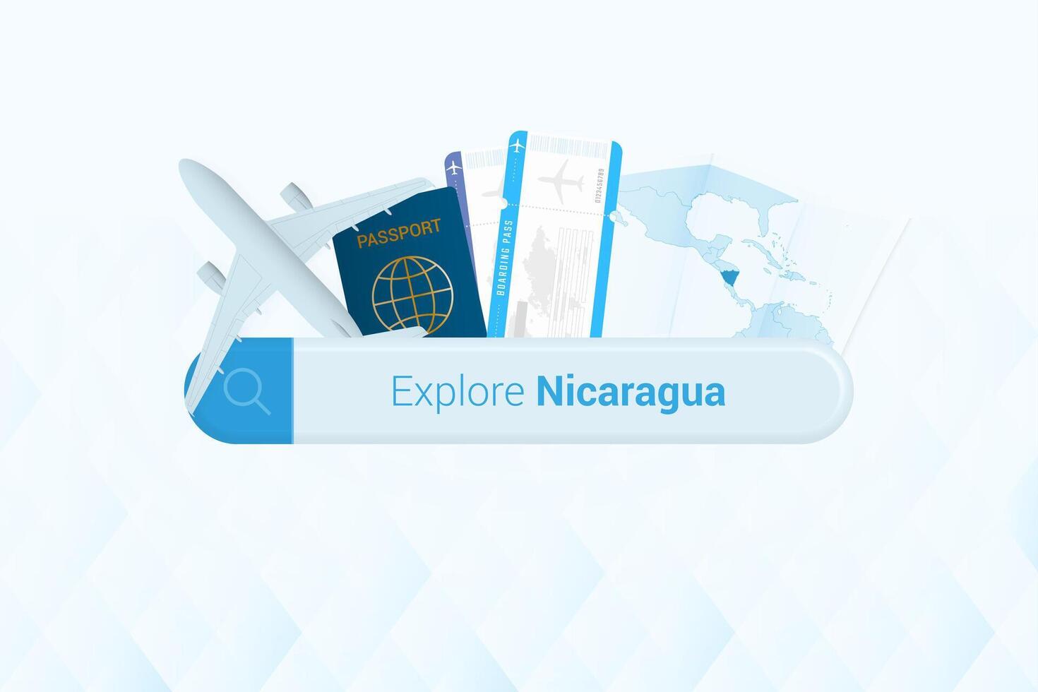 sökande biljetter till nicaragua eller resa destination i nicaragua. sökande bar med flygplan, pass, ombordstigning passera, biljetter och Karta. vektor