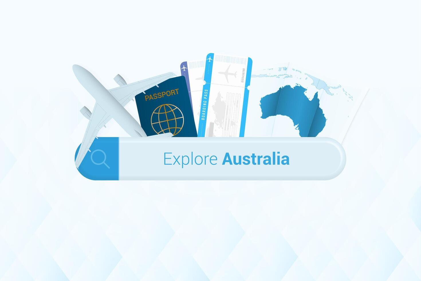 sökande biljetter till Australien eller resa destination i Australien. sökande bar med flygplan, pass, ombordstigning passera, biljetter och Karta. vektor