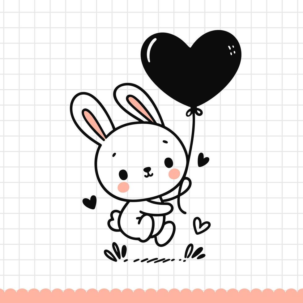 süß Baby Hase mit Herz geformt Ballon. Vektor Illustration.