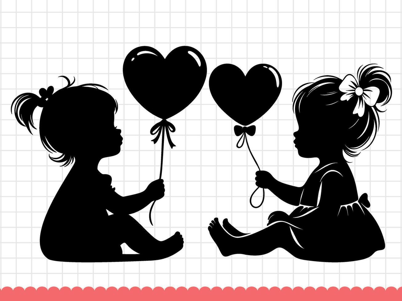 süß Baby Mädchen Silhouetten mit Herz geformt Ballon. Vektor Illustration.