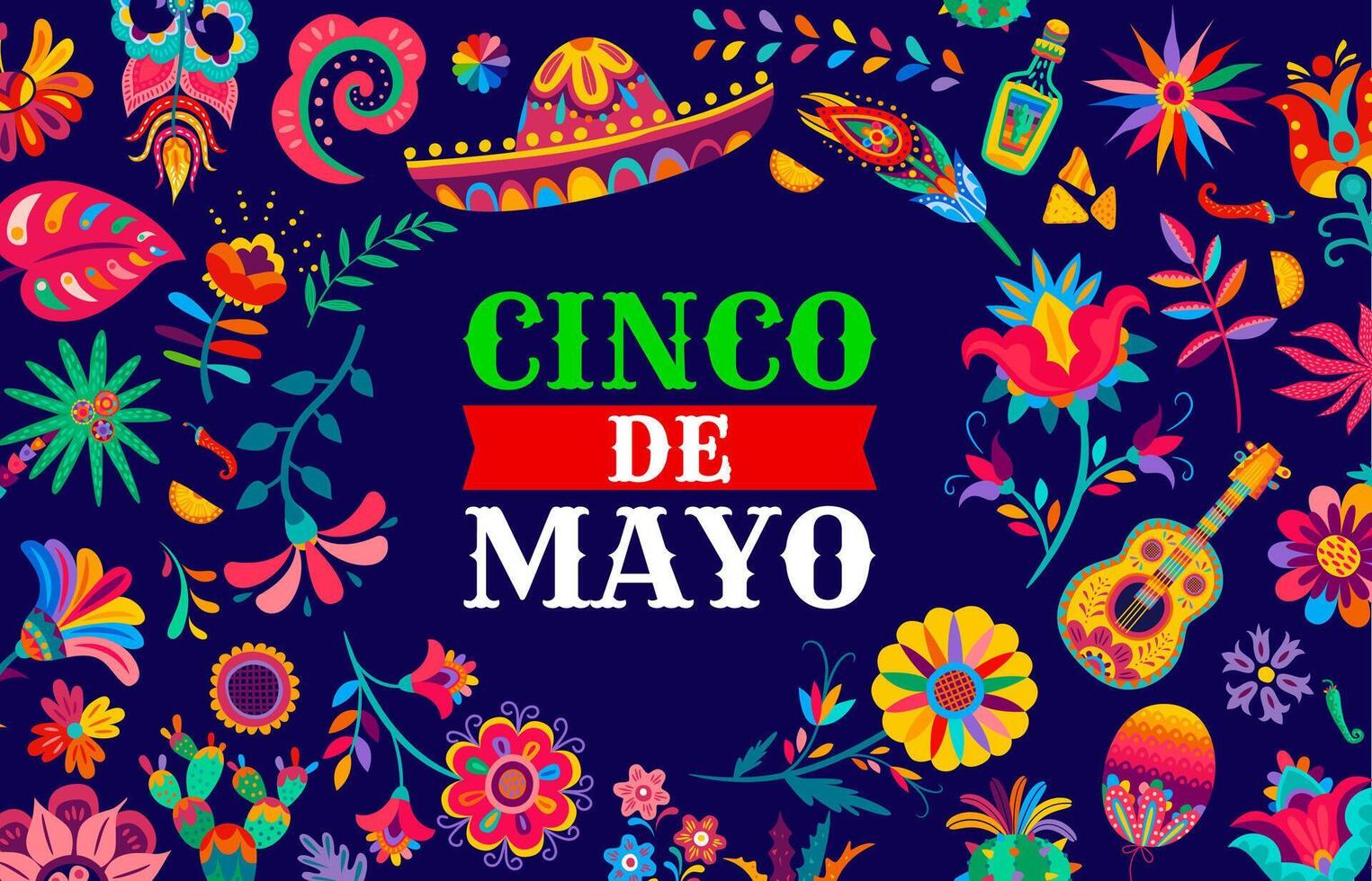 cinco de mayo baner, blommor och mexikansk gitarr vektor