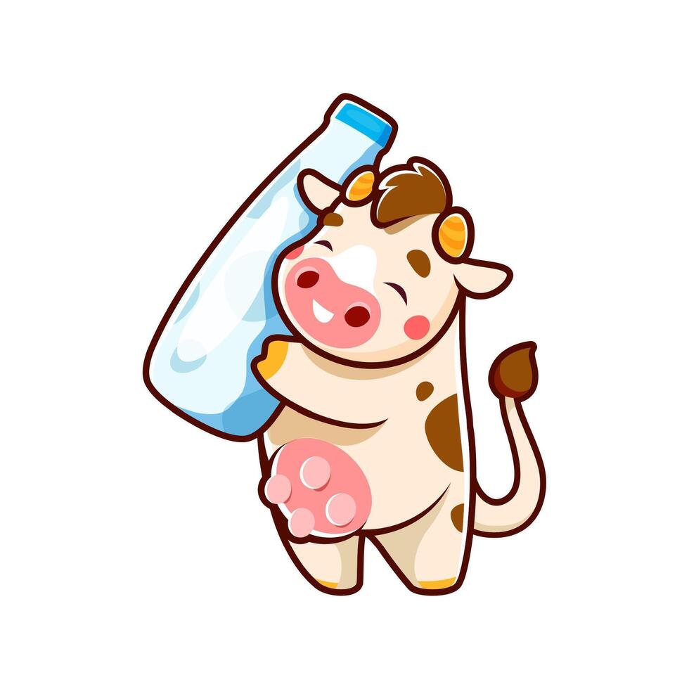 rolig ko tecknad serie karaktär med flaska av mjölk vektor