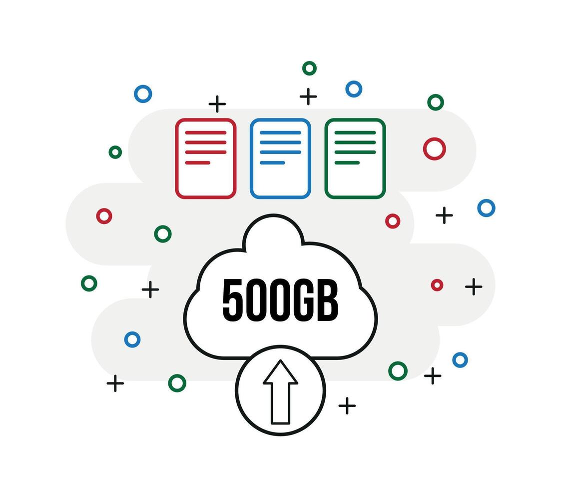 500 gb moln lagring. design ladda upp filer och dokument, begrepp spara filer uppkopplad vektor