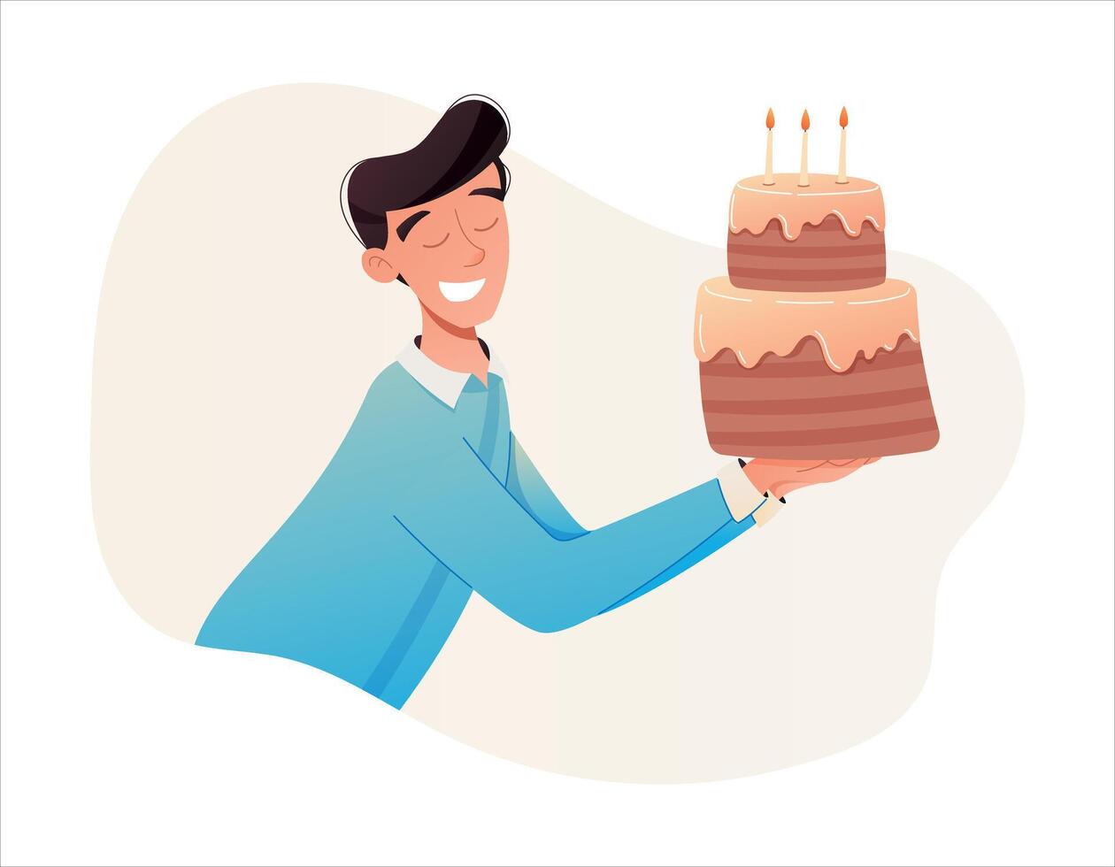 glad tecknad serie vektor man önskar Lycklig födelsedag. servitör föra en kaka med ljus.