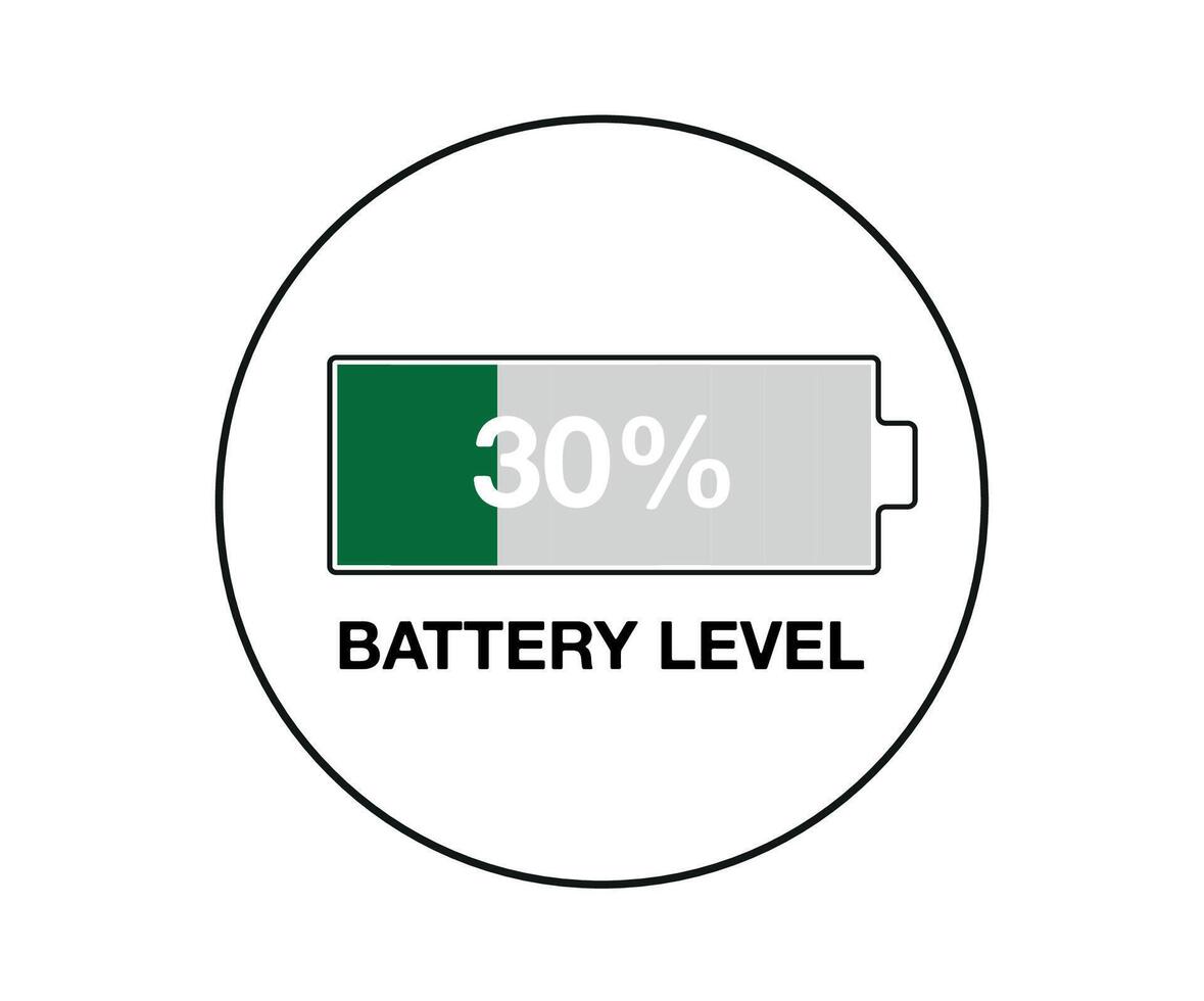 30 Prozent Batterie eben. Design Batterie Prozentsatz, Leistung von Smartphone und Handy, Mobiltelefon Geräte vektor