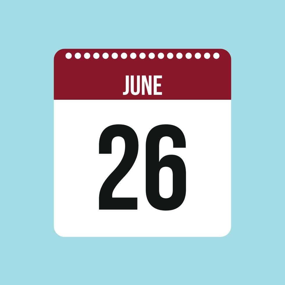 26 juni kalender vektor ikon. röd och svart juni datum för de dagar av de månad och de vecka på en ljus bakgrund