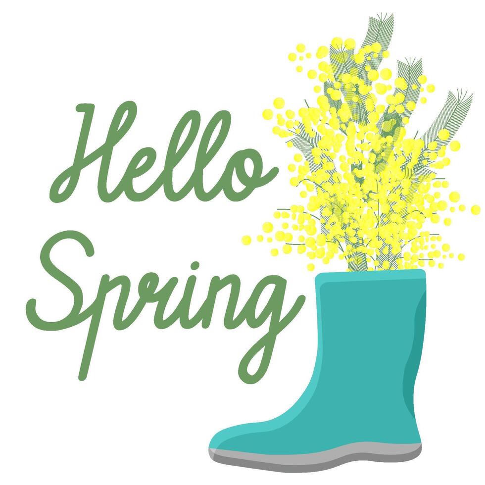 Frühling Mimose im Gummi Schuhe. Hallo Frühling. Vektor Illustration.