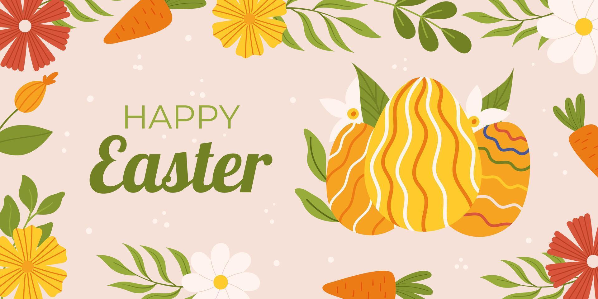 Ostern Verkauf horizontal Hintergrund Vorlage zum Förderung. Design mit drei Orange gemalt Eier, Blumen und Blätter, Karotte vektor