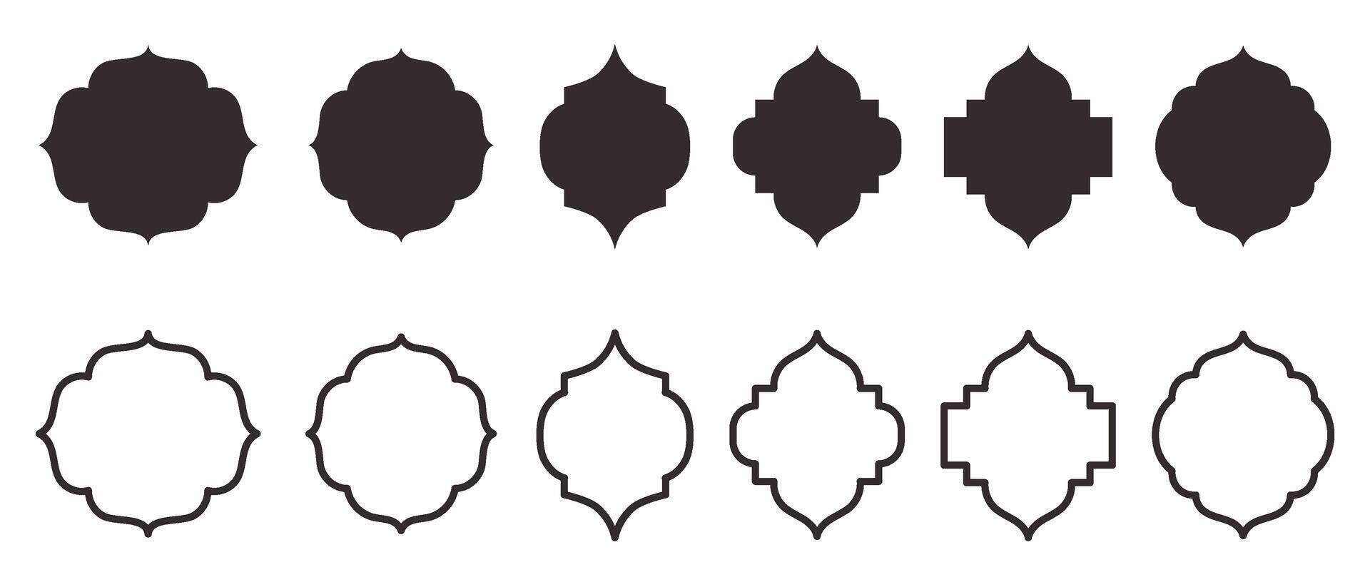 samling av traditionell islamic fönster former. uppsättning av moské muslim ramar i silhuett och översikt. vektor