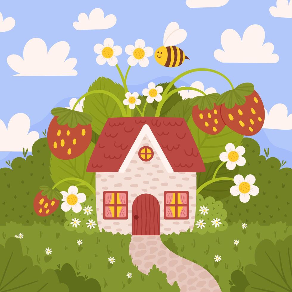 Sommer- Kind Illustration mit süß Haus um Erdbeere Pflanze mit Beeren und Blumen, Grün Gebüsch, wenig Biene. Blau Himmel mit Weiß Wolken auf zurück. vektor