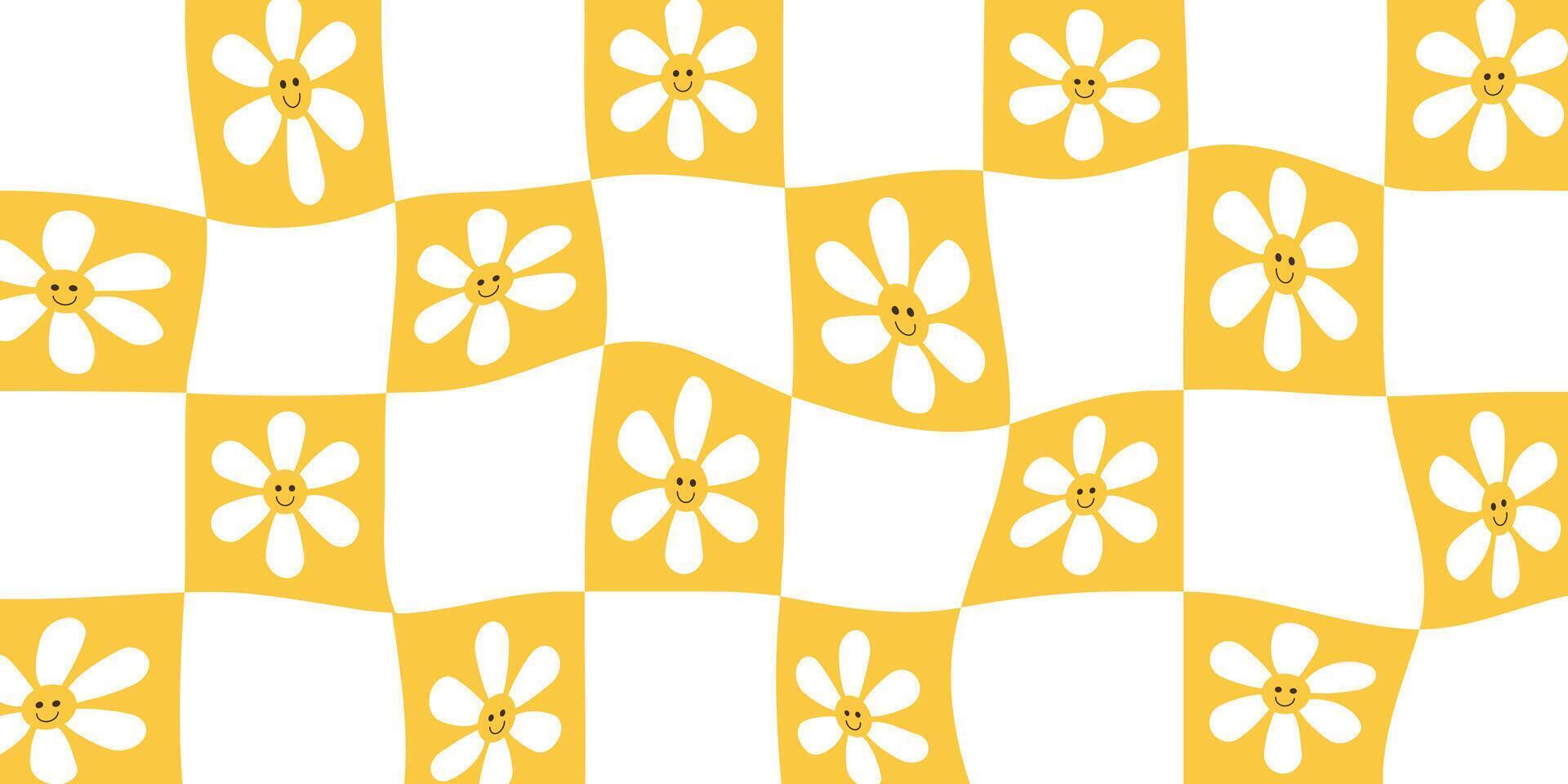 groovig wellig Schachbrett Muster groß Platz mit süß Blume im Gelb Gittergewebe. Gitter Hintergrund, psychedelisch retro Stil. vektor