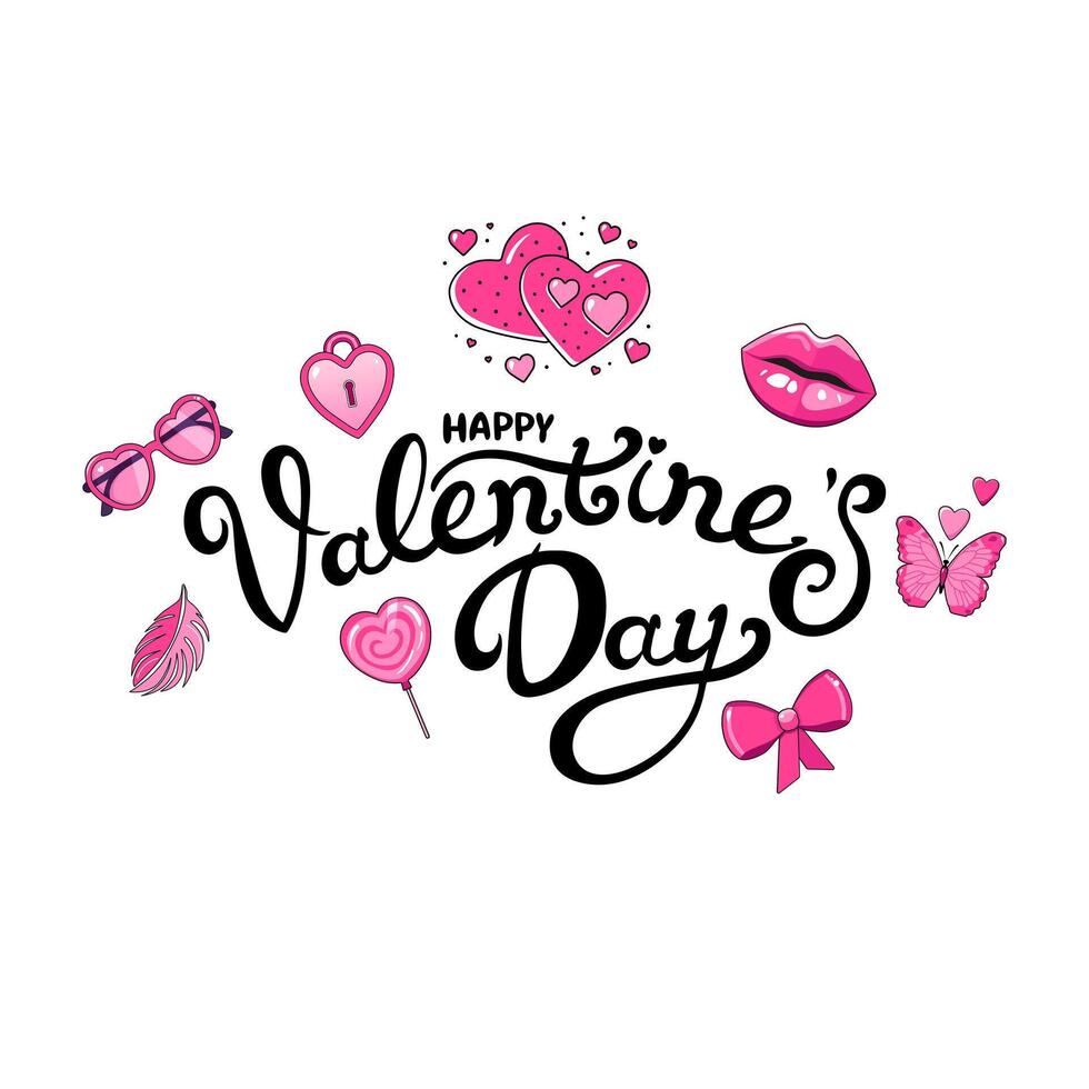 Vektor Handschrift Beschriftung mit Rosa Elemente durch glücklich Valentinstag Tag. Hintergrund mit Typografie. eben Design zum Gruß Karte und Banner