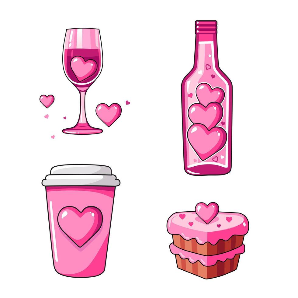 söt vektor ikon med vin flaska, glas, kaka och kaffe för valentine dag. platt design element samling. minimalistisk illustration för design webb baner och hälsning kort