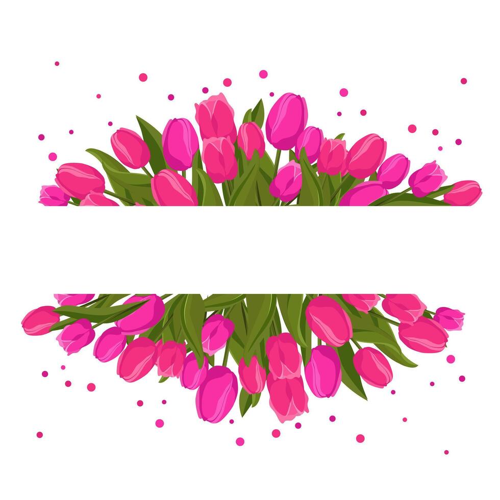 Frühling rechteckig Rahmen mit Rosa Tulpen zum Wörter und Text. Vektor Hintergrund Vorlage mit Blumen zum Design, Gruß Karte, Banner, Planke, Flyer, Verkauf, Poster