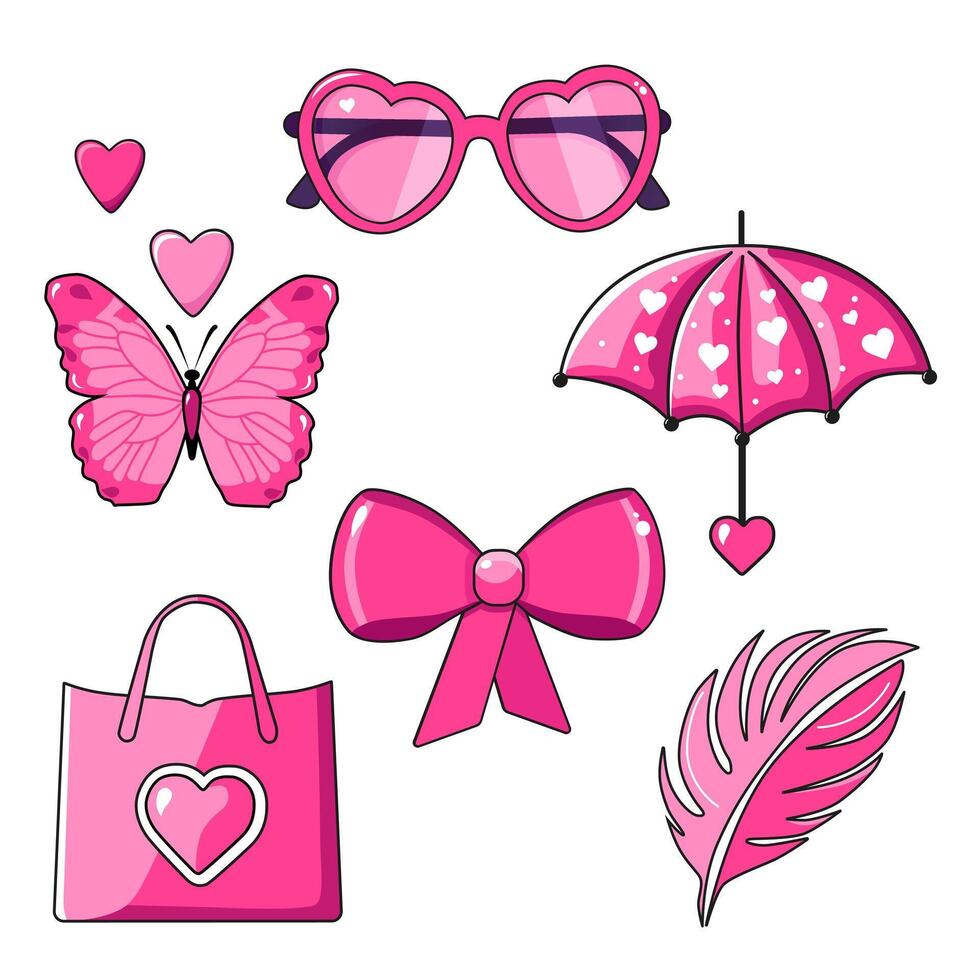 süß Vektor einstellen von Symbole mit Tasche, Regenschirm, Sonnenbrille, Feder und Schmetterling zum Valentinstag Tag. eben Design Elemente. minimalistisch Illustration zum Design Netz Banner und Gruß Karte