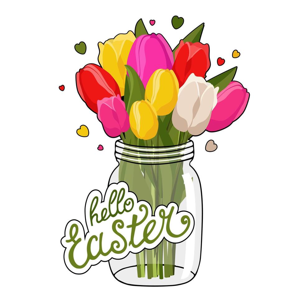 Frühling Strauß mit Rosa, Rot, Weiß und Gelb Tulpen im Glas Krug mit Text Ostern. Vektor Clip Art mit Blumen zum Design, Gruß Karte, Banner, Planke, Flyer, Verkauf, Poster