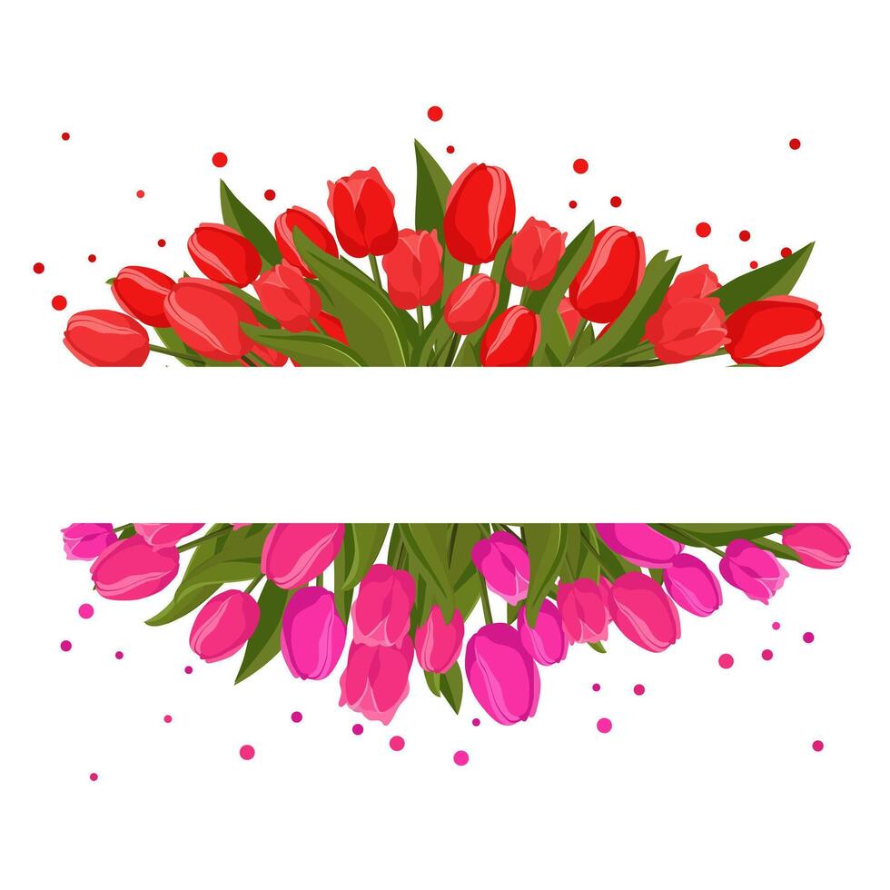 Frühling rechteckig Rahmen mit Rosa rot Tulpen zum Wörter und Text. Vektor Hintergrund Vorlage mit Blumen zum Design, Gruß Karte, Banner, Planke, Flyer, Verkauf, Poster