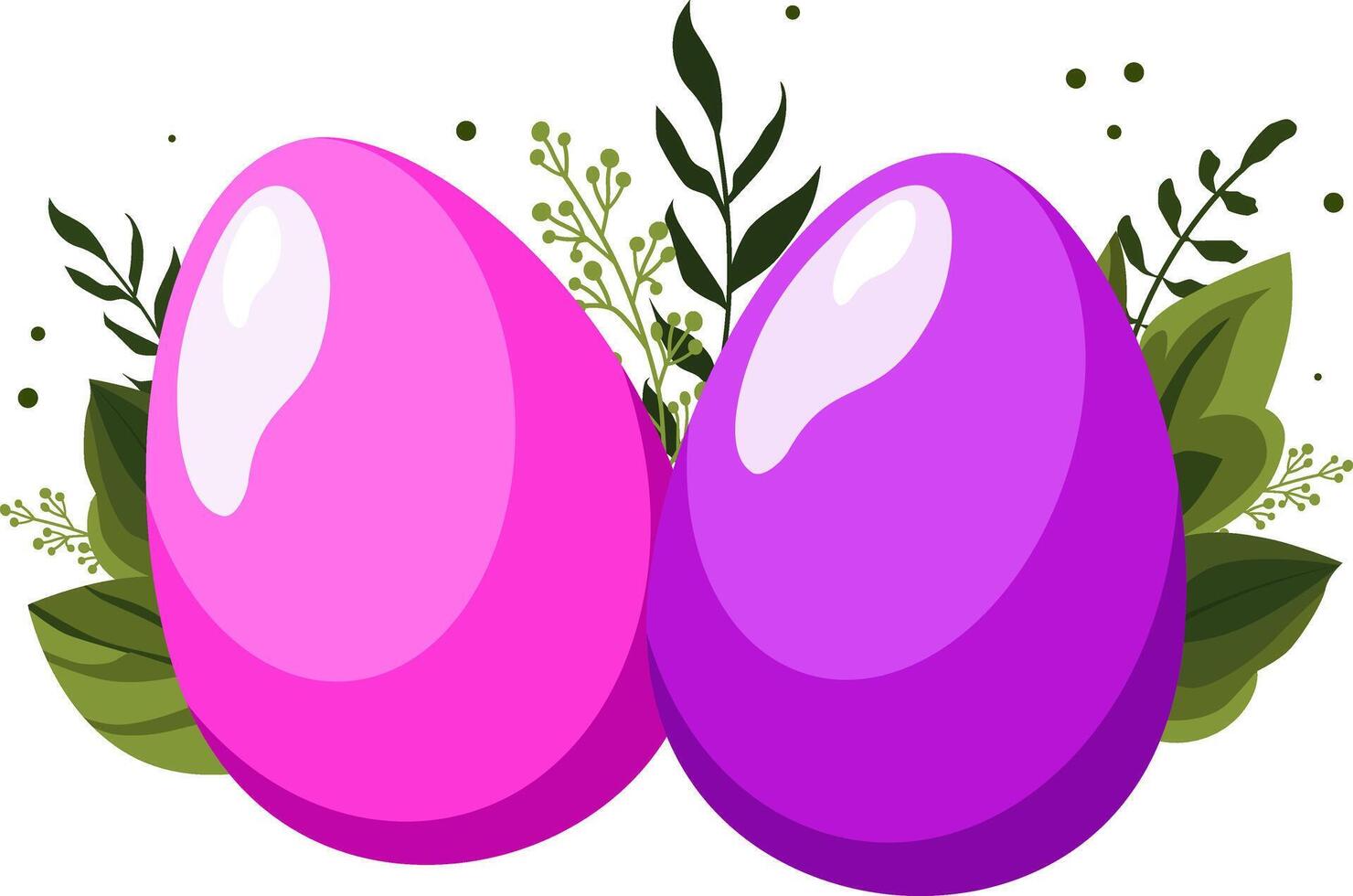 Rosa violett Ostern Eier mit Grün Blätter und Geäst auf Hintergrund. Illustration im eben Stil. Vektor Clip Art zum Design von Gruß Karte, Urlaub Banner, Flyer, Verkauf, Poster, Symbole
