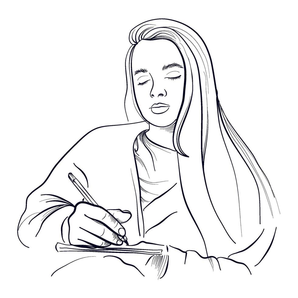 ritad för hand teckning av en kvinna skrivning med en penna i en dagbok vektor illustration
