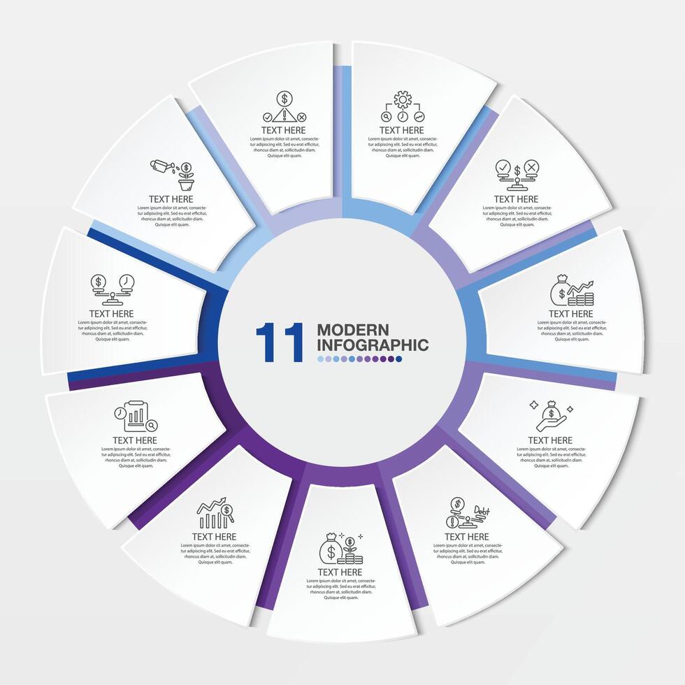 Blau Ton Kreis Infografik mit 11 Schritte, Prozess oder Optionen. vektor