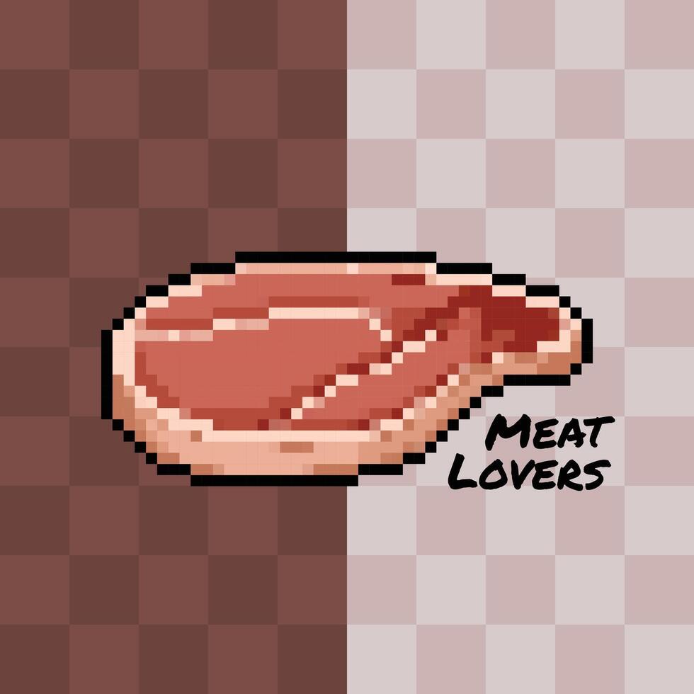 kött älskande affisch på brun rutig bakgrund. pixel bit retro tecknad serie spel styled vektor illustration teckning.