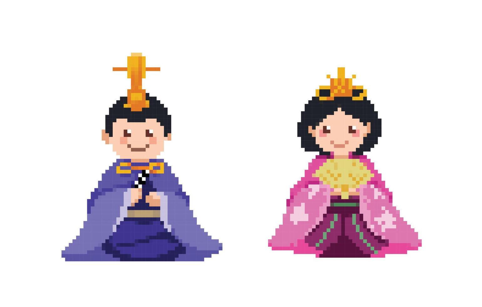 Hinamatsuri manlig och kvinna japansk dockor. pixel bit retro spel styled vektor illustration uppsättning bunt teckning. pojke och flicka hina dockor enkel platt tecknad serie teckning isolerat på vit bakgrund.