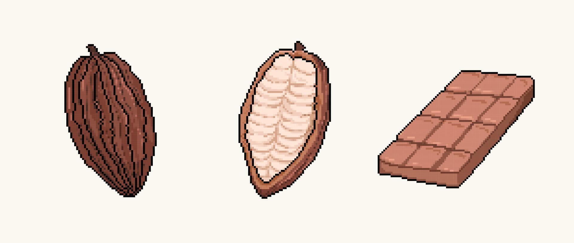 Kakao Schokolade Obst und Bar. Pixel bisschen retro Spiel gestylt Vektor Illustration einstellen Sammlung bündeln Zeichnung isoliert auf horizontal Verhältnis Hintergrund.