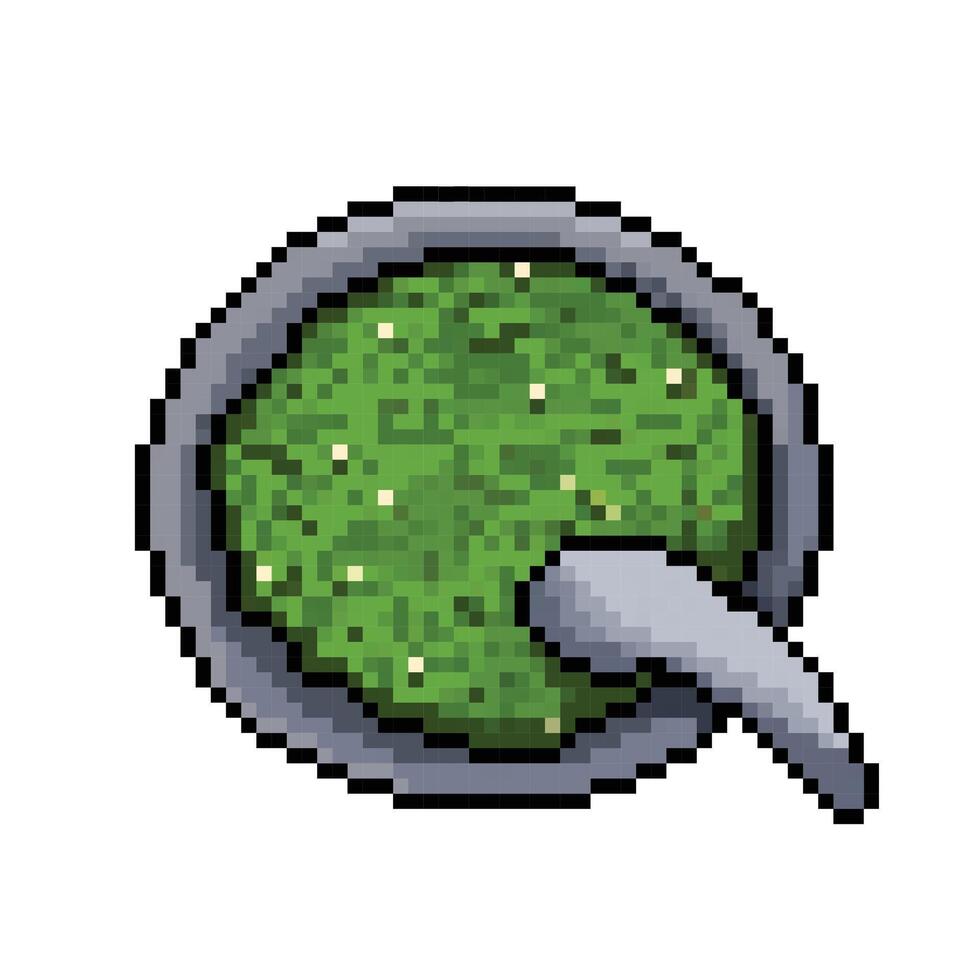 grundad grön chili eller sambal uleg babe ijo i sten murbruk eller ulekan verktyg. pixel konst retro årgång video spel bit vektor illustration. enkel platt tecknad serie konst styled teckning.