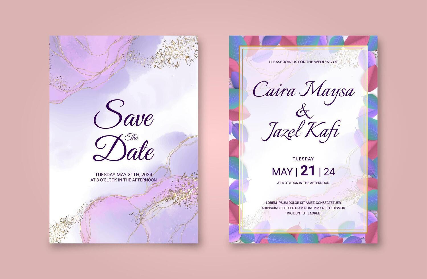 schön Hochzeit Einladung Karte mit abstrakt Aquarell Hintergrund, golden Linie Kunst, und Blätter. Luxus Rosa und lila Marmor Hintergrund vektor
