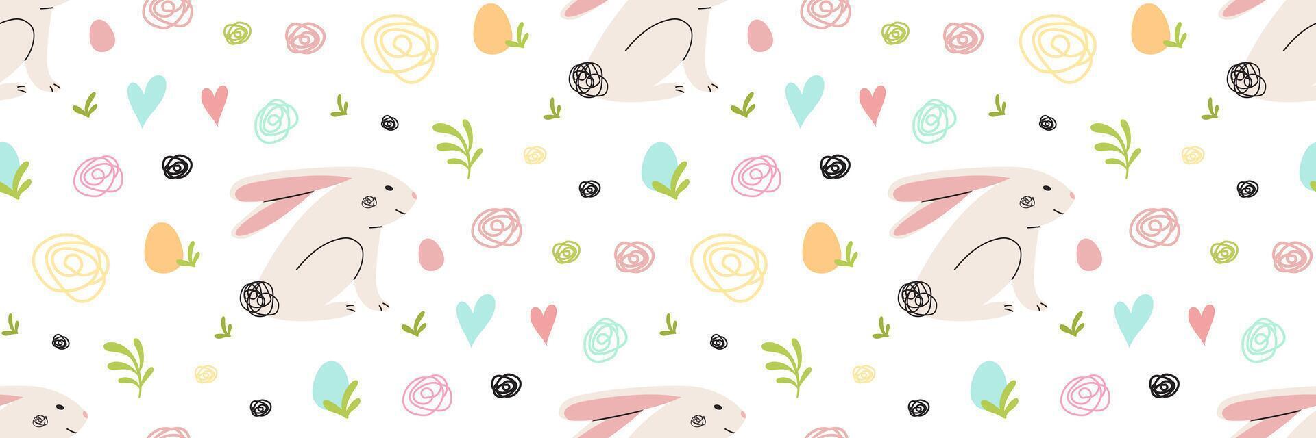 glücklich Ostern Hase nahtlos Muster. bunt Eier, modern Hasen, und abstrakt Kritzeleien, farbig Bleistift kritzeln. geeignet zum Gruß Karten, Banner, Textilien, Tapeten. Vektor Illustration.