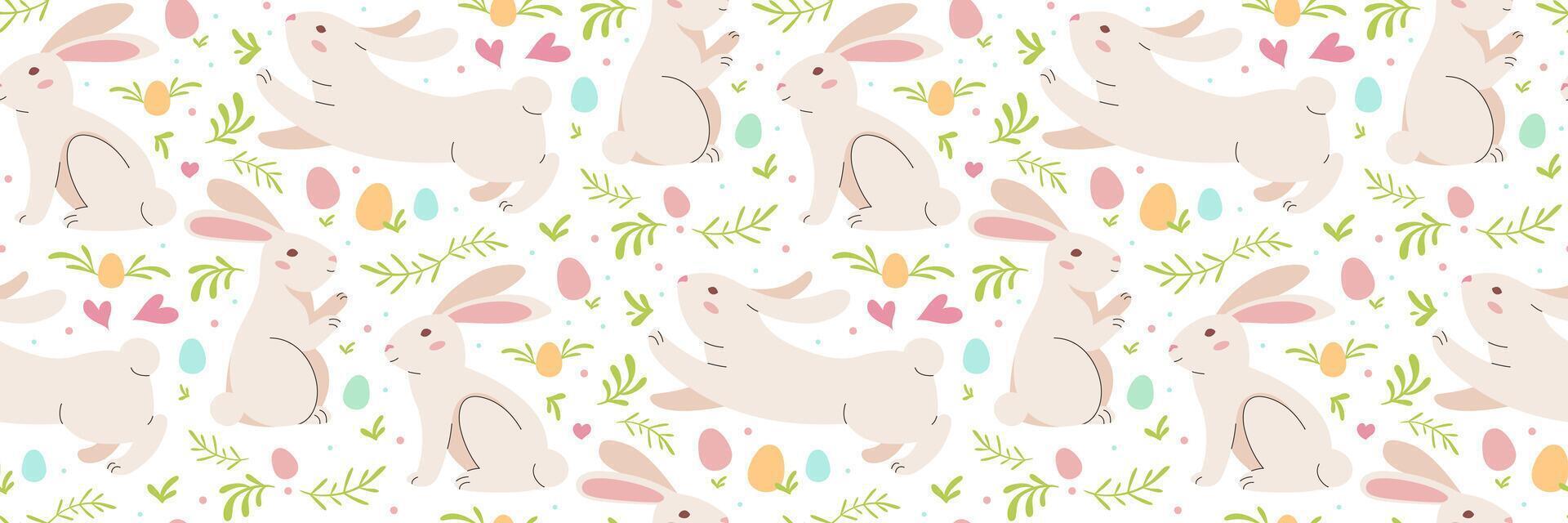 glücklich Ostern Hase nahtlos Muster. bunt Ostern Eier. Eier mit Hasen, Vegetation. traditionell festlich Dekor. geeignet zum Gruß Karten, Banner, Textilien, Tapeten. Vektor Illustration.