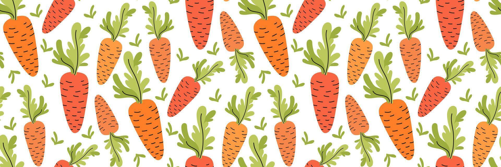 Orange Karotte nahtlos Muster. Hintergrund von nützlich Gemüse zum gesund Diät. Hand gezeichnet Bauernhof Produkte und Getreide. Ernte Festival. Verpackung Papier oder Restaurant Speisekarte. Vektor eben Illustration.
