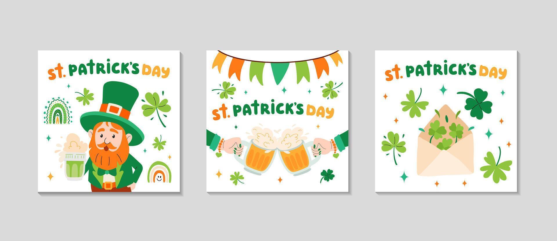 st. Patrick's Tag Karten Satz. Gruß Post Hintergrund zum Sozial Medien. Ferien Platz Einladung. festlich irisch Elemente Flaggen, Kleeblätter, Bier, Regenbogen, Kobold. Vektor eben Illustration.