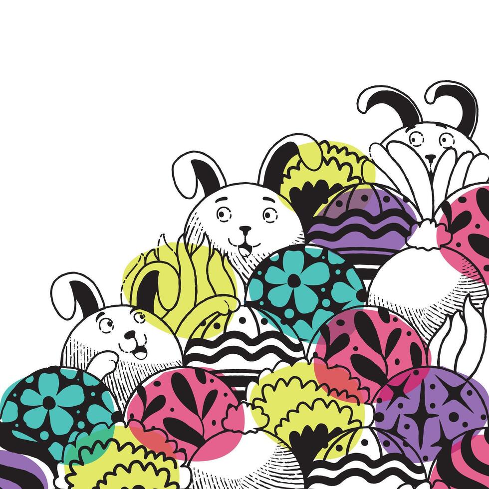 Ostern Muster Illustration mit Hase und bunt Ostern Eier. Hand gezeichnet Gekritzel. süß und komisch Hase. geeignet zum Gruß Karten, Banner, Textilien, Tapeten. Vektor eben Illustration.