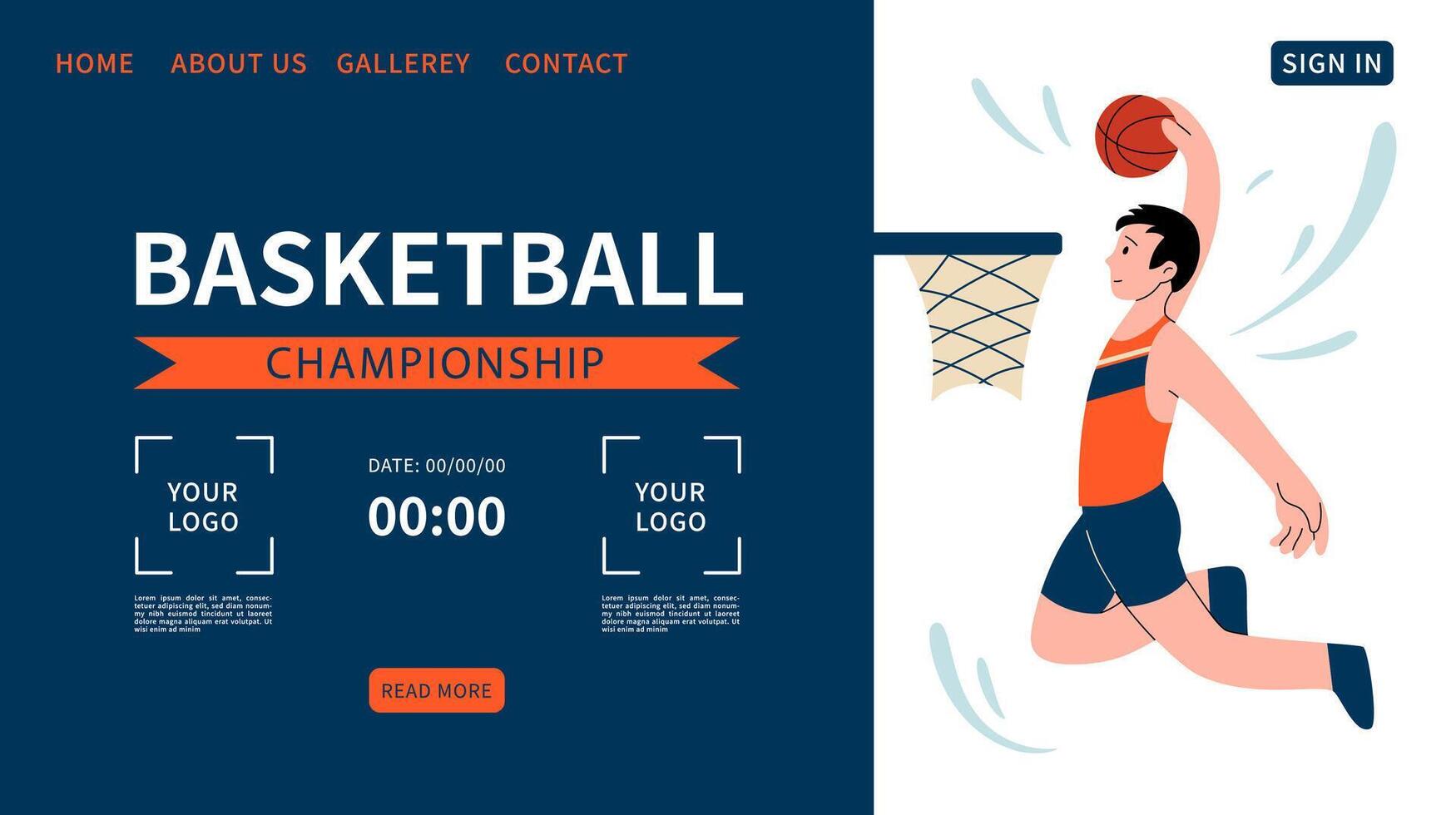 basketboll mästerskap webb baner. ett basketboll spelare med boll. bakgrund för sporter ställningar. hemsida för sporter tävlingar. spelare män med bollar. text mallar. vektor platt illustration.