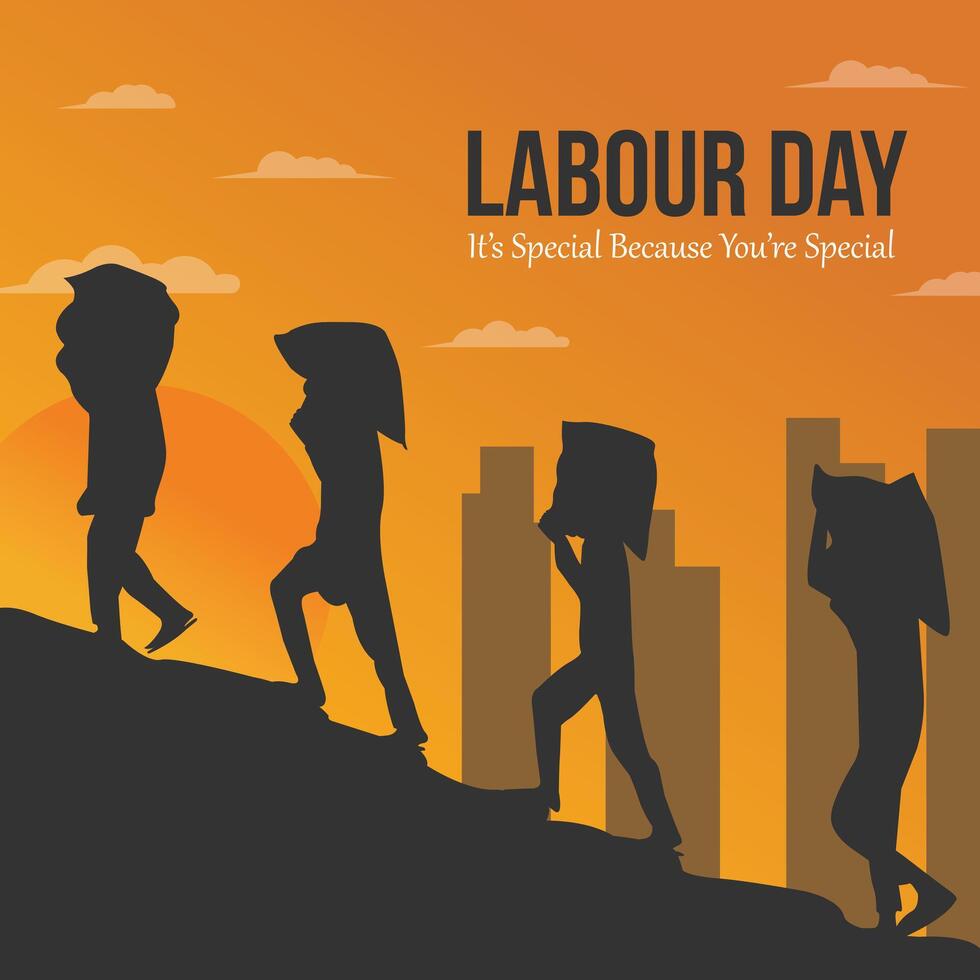 illustration vektor design av internationell arbetskraft dag, 1:a Maj. en grupp av hårt arbetande människor är fortfarande arbetssätt i de kväll, i främre av de solnedgång. uppfyllande arbetskraft, arbetare de nationens arbetskraft.