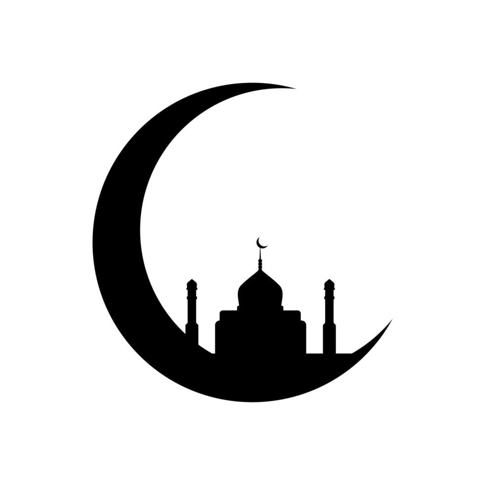 moské halvmåne måne silhuett. eid mubarak hälsning kort. halvmåne måne med moské silhuett. ramadan kareem design element för muslim gemenskap festival eller Semester. islamic symbol vektor