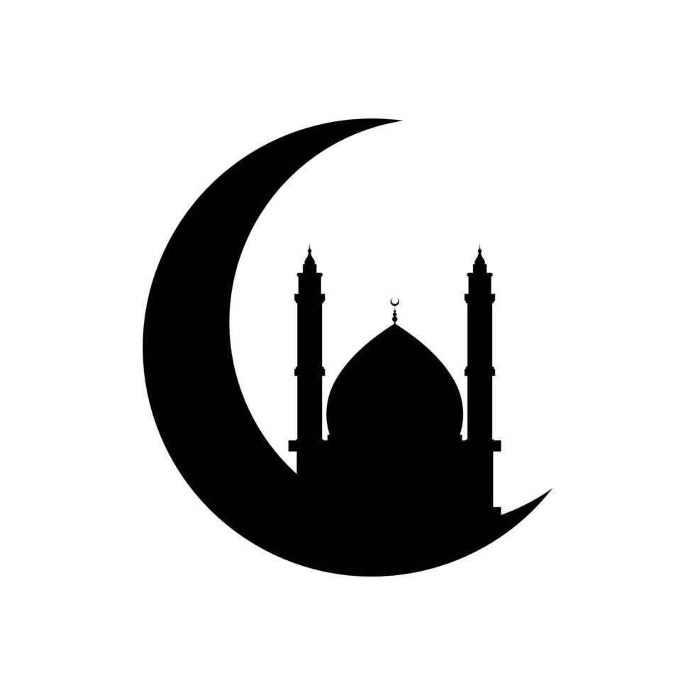 moské halvmåne måne silhuett. eid mubarak hälsning kort. halvmåne måne med moské silhuett. ramadan kareem design element för muslim gemenskap festival eller Semester. islamic symbol vektor