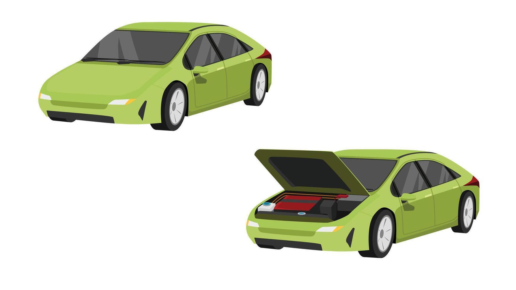 tecknad serie vektor eller illustration isomatisk. status av de grön sedan bil från vanligt till status öppen huva. på främre med motor och olika körning enheter. på isolerat vit bakgrund.