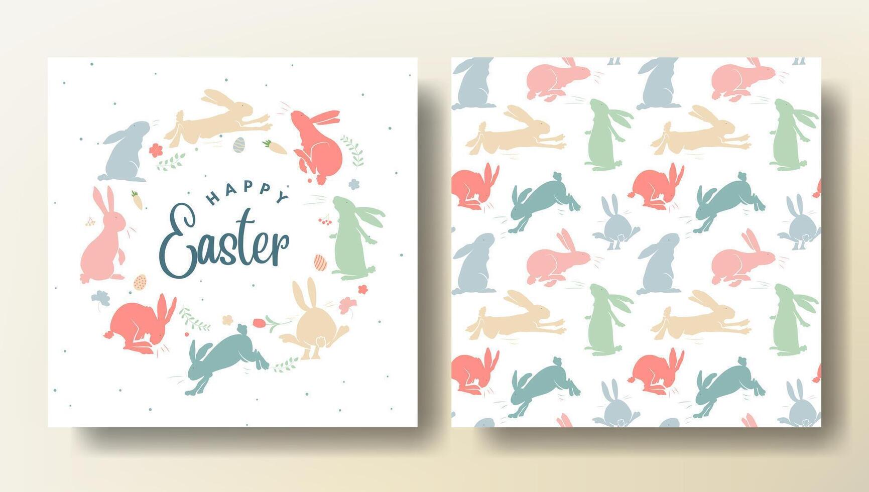 uppsättning av påsk hälsning kort och sömlös mönster med kaniner, vår mall. Lycklig påsk vektor