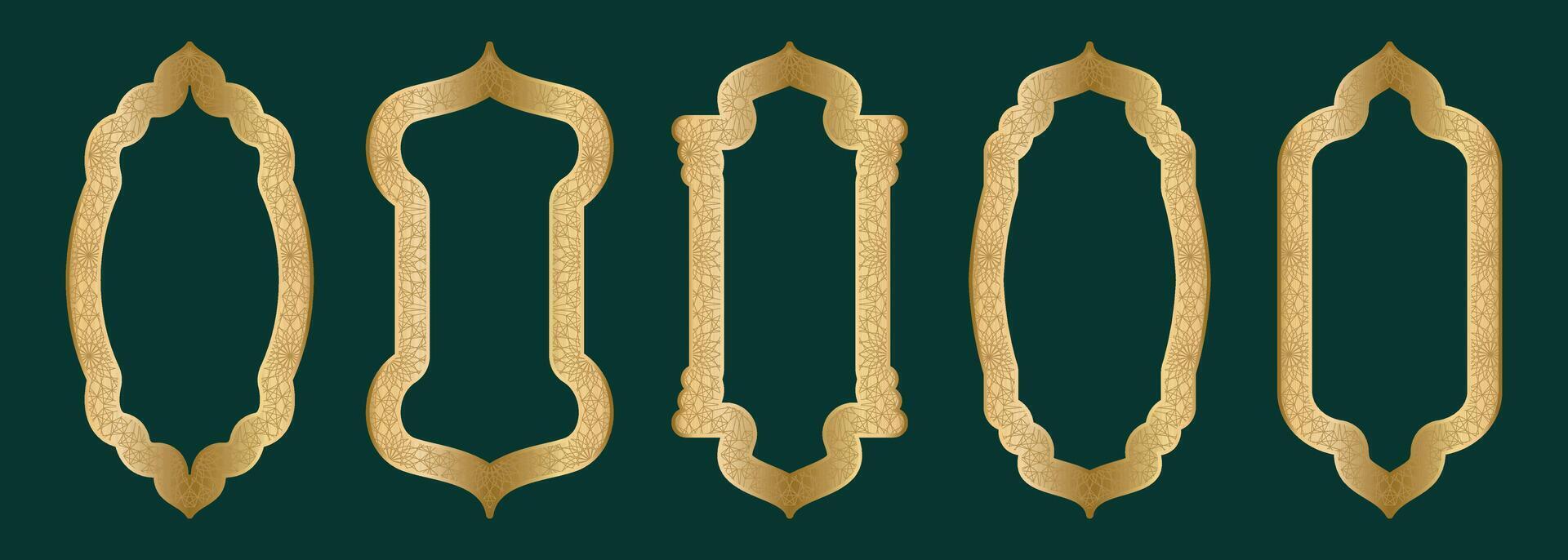 guld dekorativ båge ram form islamic dörr eller fönster med geometrisk girikh mönster, silhuett arabicum båge. lyx uppsättning i orientalisk stil. ramar i arabicum muslim design för ramadan kareem. vektor