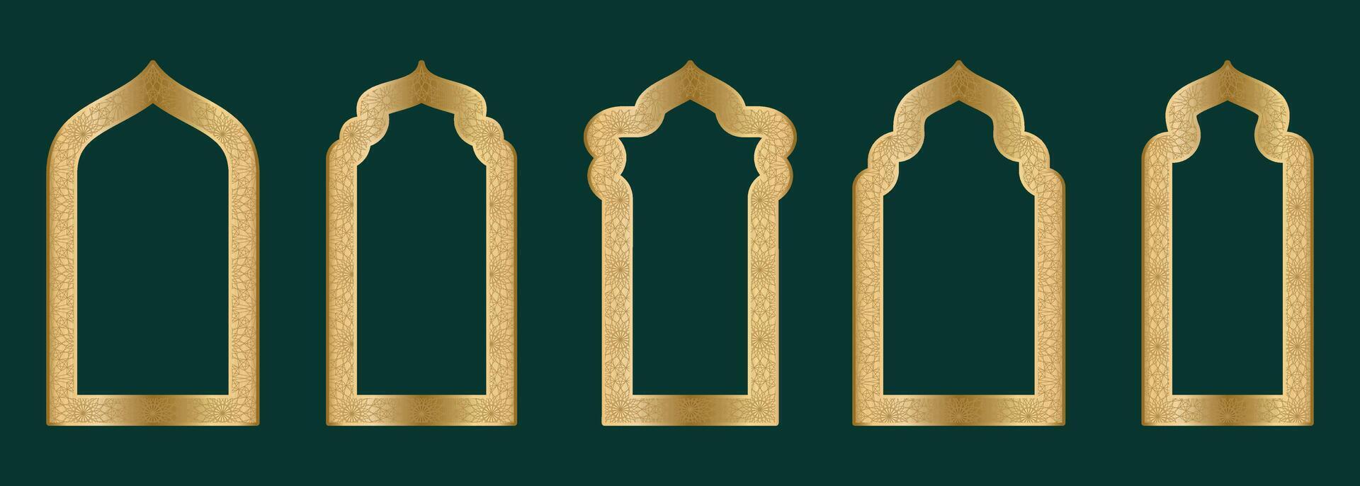 Gold Zier Bogen Rahmen gestalten islamisch Tür oder Fenster mit geometrisch girikh Muster, Silhouette Arabisch Bogen. Luxus einstellen im orientalisch Stil. Frames im Arabisch Muslim Design zum Ramadan karem. Vektor