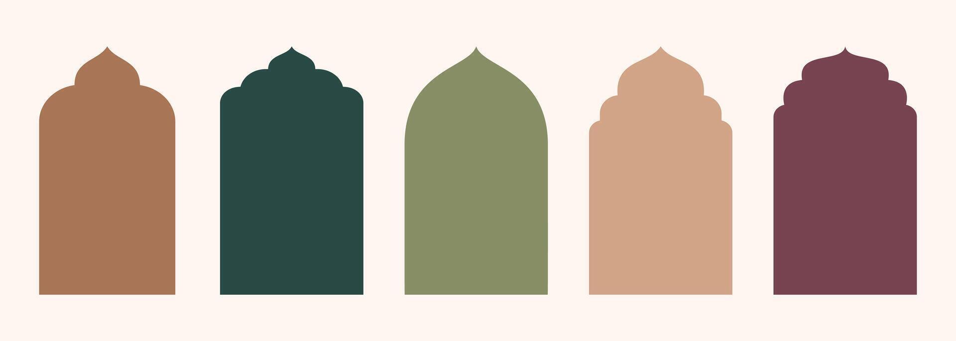 gestalten islamisch Tür und Fenster Silhouette Arabisch Bogen. Sammlung von Muster im orientalisch Stil. Frames im Arabisch Muslim Design zum Ramadan karem. Vektor Moschee Tor gestalten isoliert auf Weiß.
