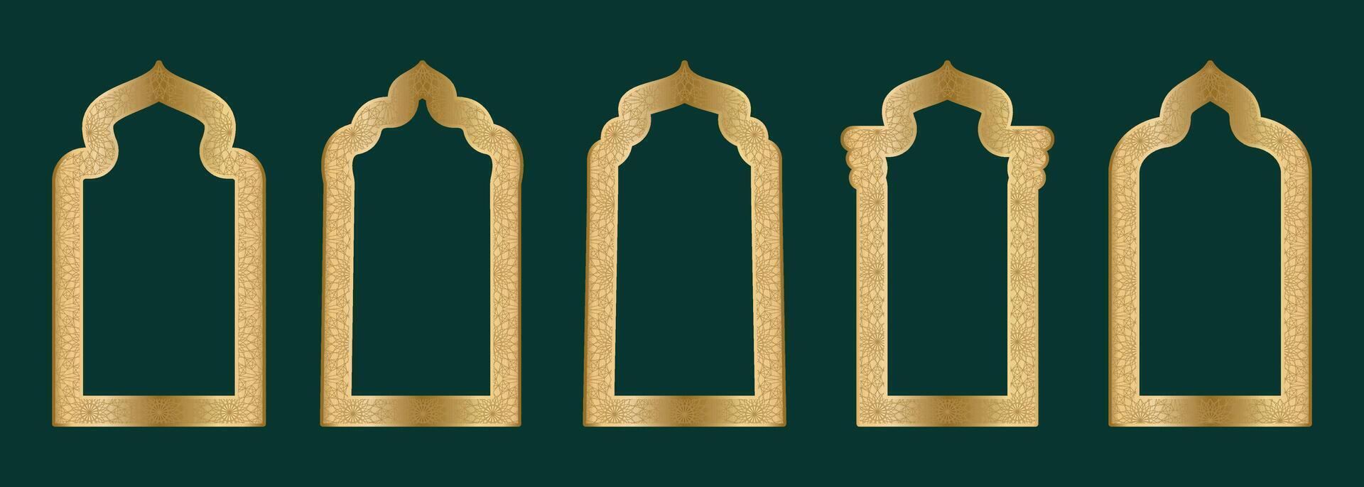 Gold Zier Bogen Rahmen gestalten islamisch Tür oder Fenster mit geometrisch girikh Muster, Silhouette Arabisch Bogen. Luxus einstellen im orientalisch Stil. Frames im Arabisch Muslim Design zum Ramadan karem. Vektor