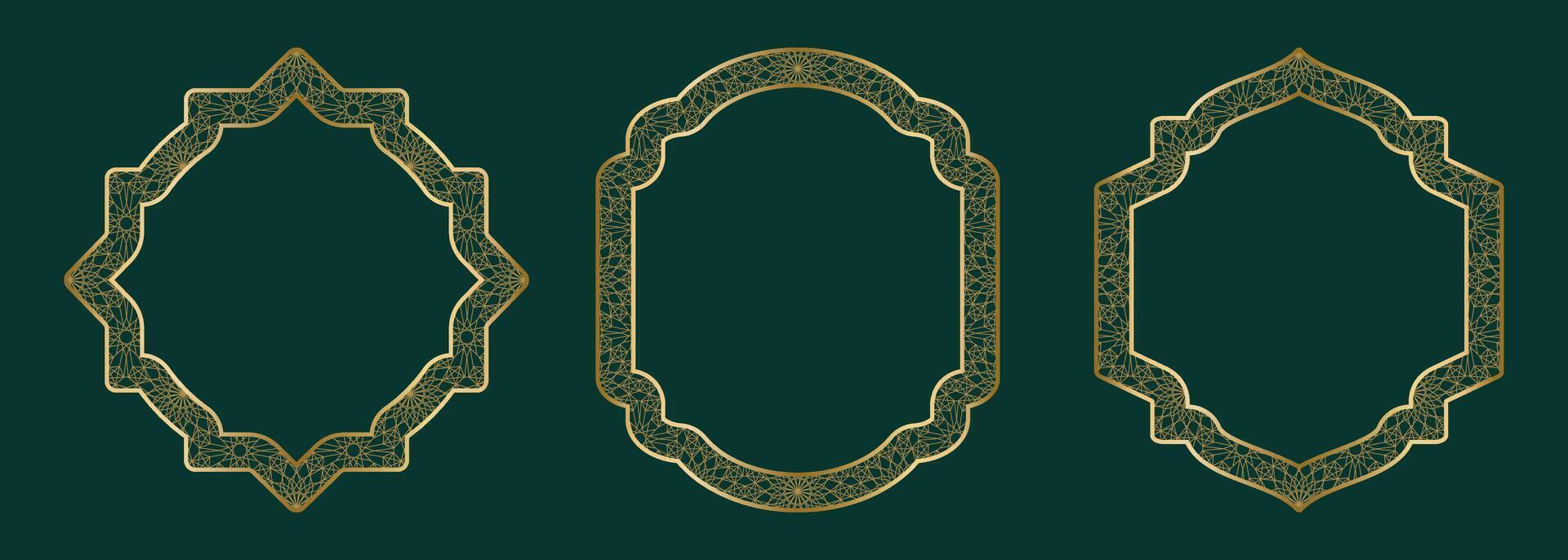 Gold geometrisch Zier rahmen, runden und Platz Formen islamisch Fenster mit girikh Muster, Silhouette Arabisch Rhombus. Luxus einstellen im orientalisch Stil. Frames im Arabisch Muslim Design Vektor Illustration