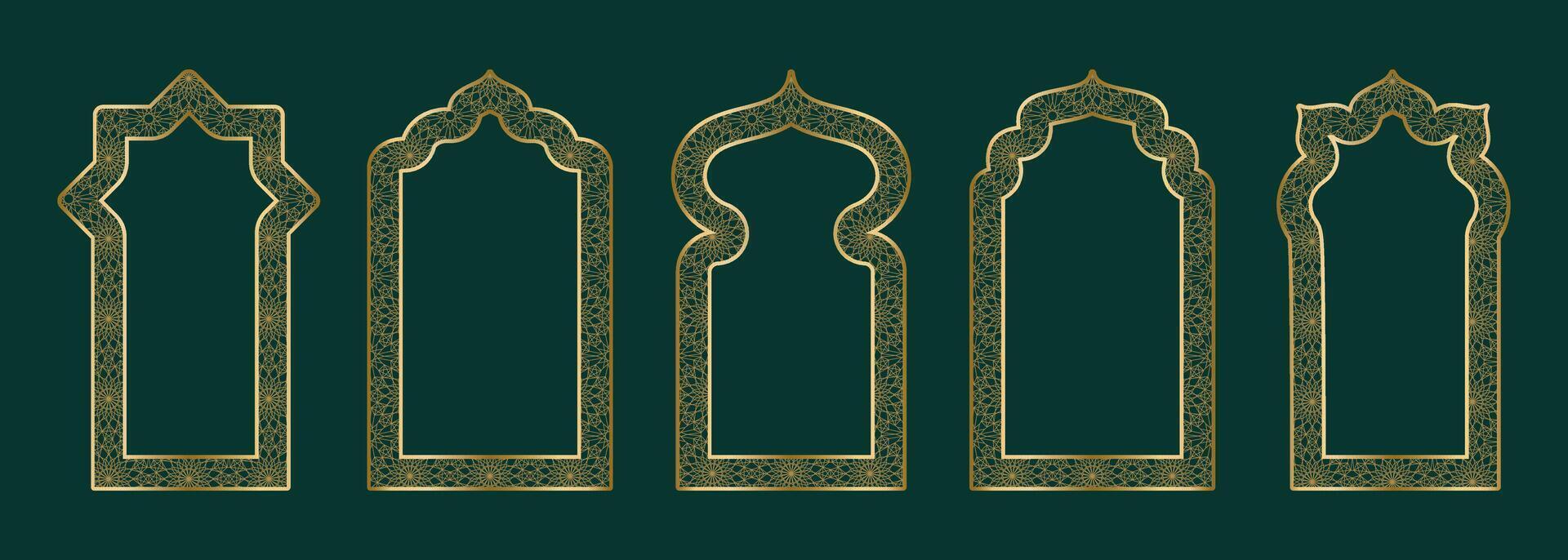 Gold Zier Bogen Rahmen gestalten islamisch Tür oder Fenster mit geometrisch girikh Muster, Silhouette Arabisch Bogen. Luxus einstellen im orientalisch Stil. Frames im Arabisch Muslim Design zum Ramadan karem. Vektor